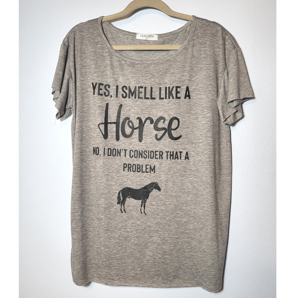Lilicloth Womens Horse Graphic Tee Heather Grey Short‎ Sleeve Large Equestrian